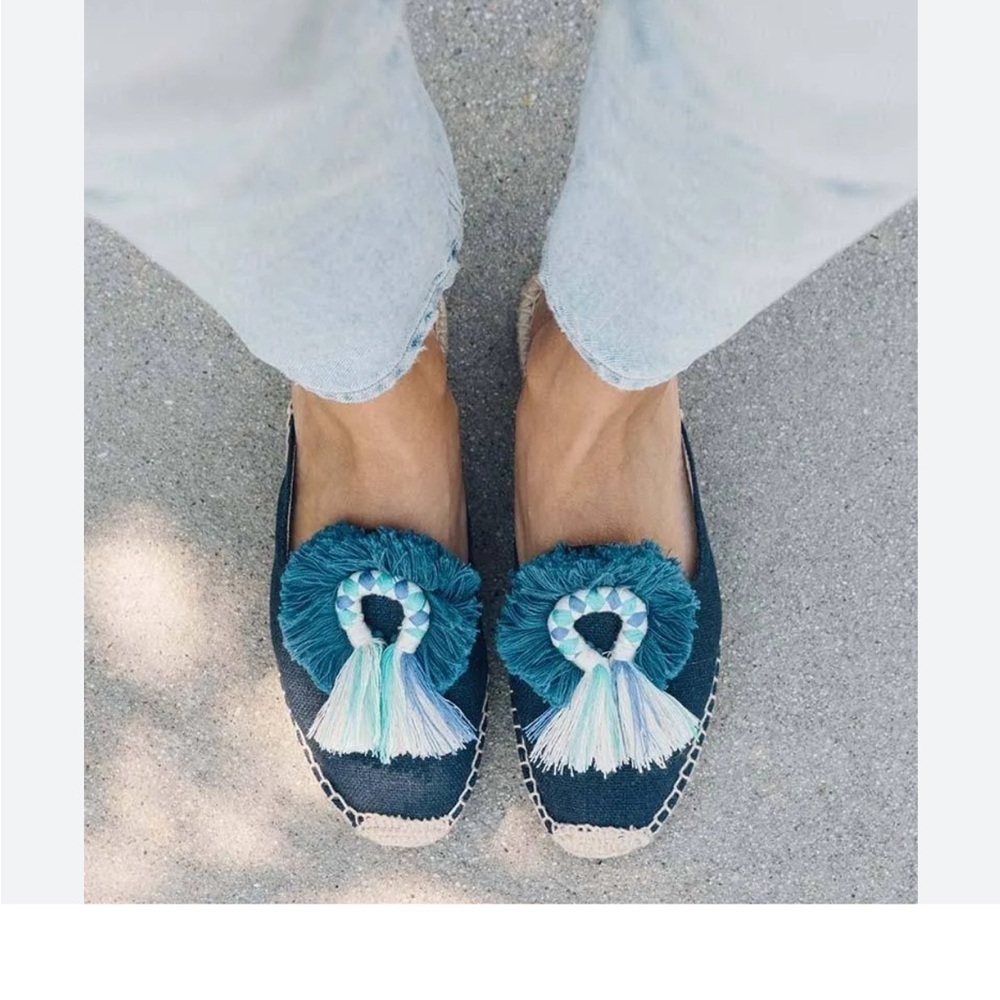 NEW Soludos Kiki Tassel Midnight Blue Canvas Slip On Flat Mule Espadrilles